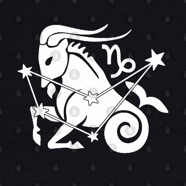 Capricorn - Zodiac Astrology Symbol with Constellation and Sea Goat Design (White on Black, Symbol Only Variant) by Occult Designs